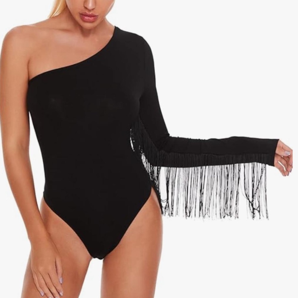 Nasty Gal Black Bodysuit with Fringe Detail
